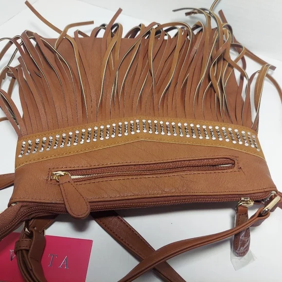 NWT VIETA Fringed Rhinestone Crossbody Purse Brown Faux Leather Back Pocket - Picture 5 of 15